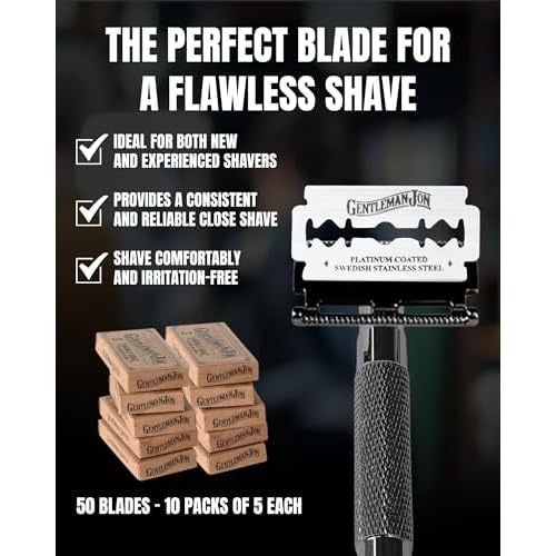 Gentleman Jon 50-Pack Platinum Double Edge Razor Blades - Premium Swedish Stainless Steel Safety Razor Blades - Platinum Coated Blade For Smooth and Comfortable Shaves - Fits Most Men's Safety Razors