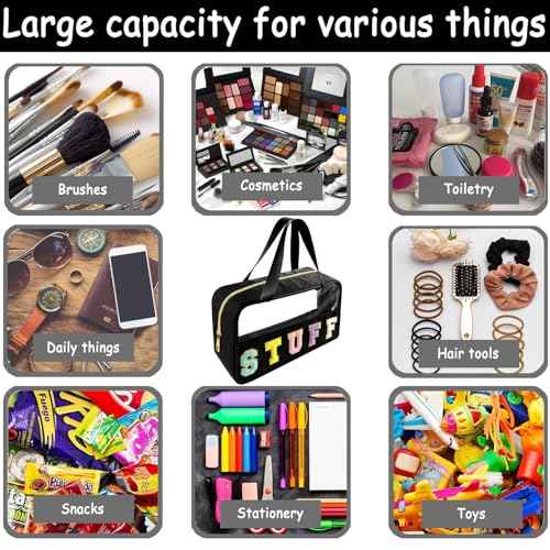 Chenille Letter Clear Makeup Bag Stuff Patch, Travel Toiletry Makeup Bag with Handle, Nylon Waterproof Makeup Bags clear cosmetic bag, preppy patch makeup bag for Women (STUFF-Black)