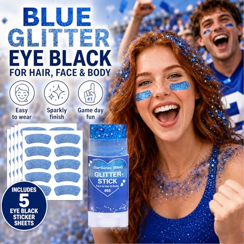 Blue Glitter Stick & Eye Black Stickers Kit - 50 Pcs Waterproof