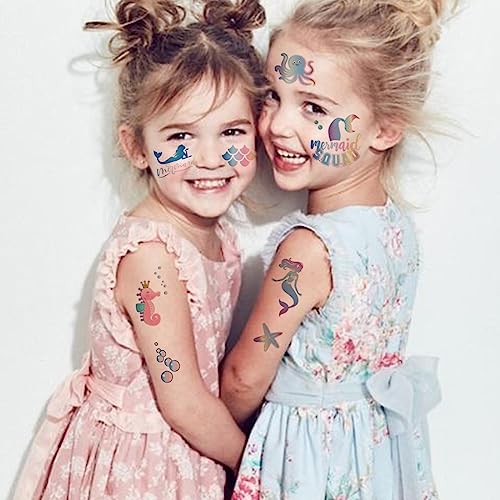 100 Glitter Styles Mermaid Temporary Tattoos for Girls - 6 Sheets, 100 PCS, Waterproof & Sweat-resistant, Safe for Kids, Ages 3+