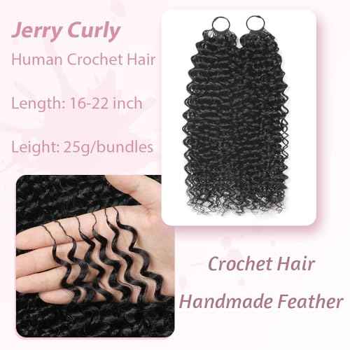 Human Crochet Hair for Black Women Curly Knotless Human Hair Crochet Bundles 18 Inch 50g Pre-Separated Feather Crochet Human Hair Wet and Wavy Invisible Crochet Hair Extensions Kit Natural Black