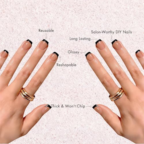 KXAMELIE Black Square French Tip Press On Nails Short with Glue - Natural Fit, Elegant Fake Nails Kit