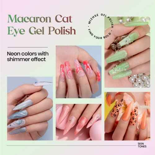 MIZHSE Glow in The Dark Gel Nail Polish, Macaroon Cat Eye Gel Polish Set with Magnet Stick, Shimmery Neon Green Blue Yellow Nail Soak Off Nail Art Spring Summer Manicure Kit Gift