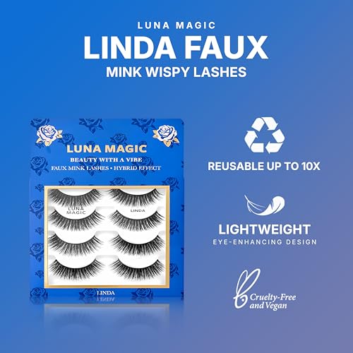 Luna Magic Linda Faux Mink Wispy Lashes with Soft Band, Reusable up to 10x, Lightweight Eye-Enhancing Design for Natural or Dramatic Eye Looks - Vegan & Cruelty-Free Eyelashes - 15MM ? 4 Pair