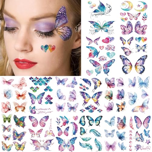 Glitter Butterfly Temporary Tattoos - 15 Sheets for Face & Body