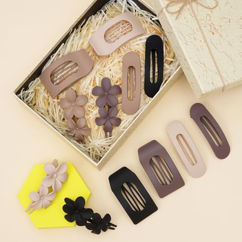 HQ-SITE Neutral Flat Hair Clips 12 Pack - Matte Square Claw & Flower Pins for Women