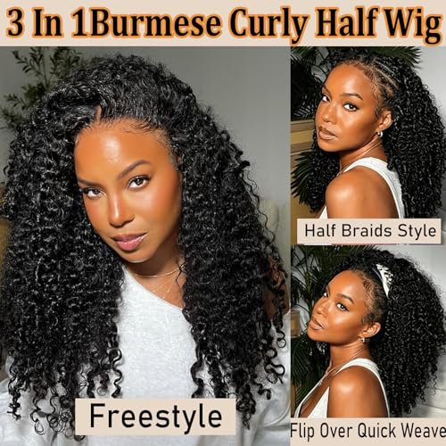 Burmese Curly Half Wig Human Hair Glueless 14" | 3-in-1 Drawstring