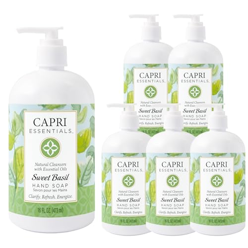 Capri Essentials Hand Soap Liquid, Natural Household Cleaning Supplies, Gentle Plant Based Aromatic Hand Wash with a Blend of Essential Oils, Removes Dirt & Grime, Sweet Basil Scent, 16 FL Oz (6 Pack)