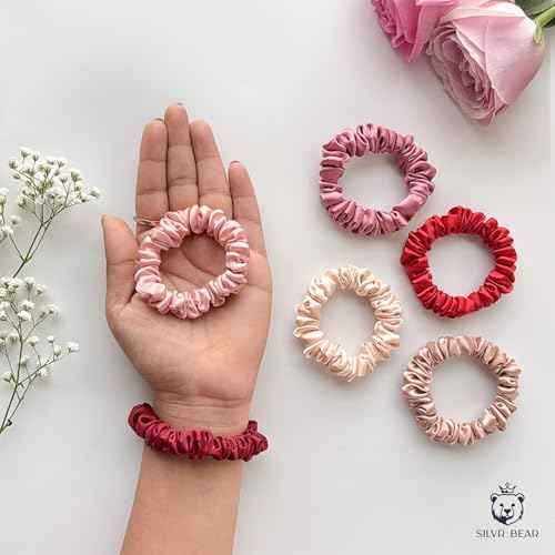 SILVR BEAR Luxury Satin Scrunchies, Satin Hair Ties for Thick, Thin & Curly Hair, Scrunchies for Women, Girls & Men Softer than Silk Hair Ties (Skinny Rose)