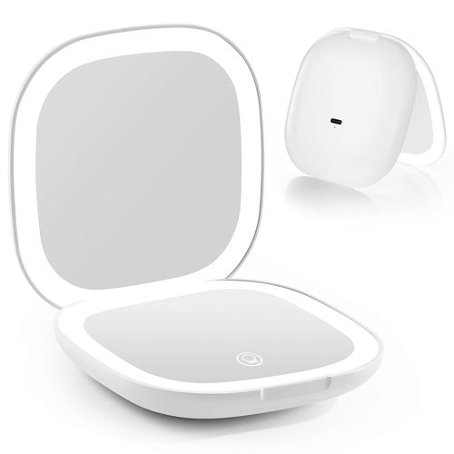 Compact Magnifying Travel Makeup Mirror with LED Light - 3.5 inches 1X/10X Magnification Small Hand Pocket Dimmable Double Sided USB Rechargeable Touch Screen, Portable Tabletop Cosmetic (White)