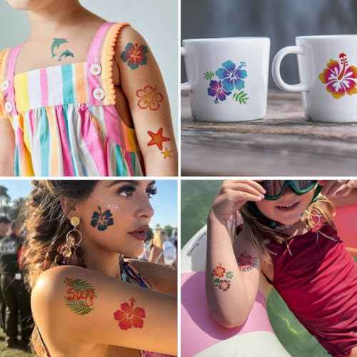 Glitter Hibiscus Temporary Tattoos for Aloha Party Decoration - 74 Individually Sheets Glitter Hawaii Flower Tattoos for Kids Women Hawaiian Party Favors