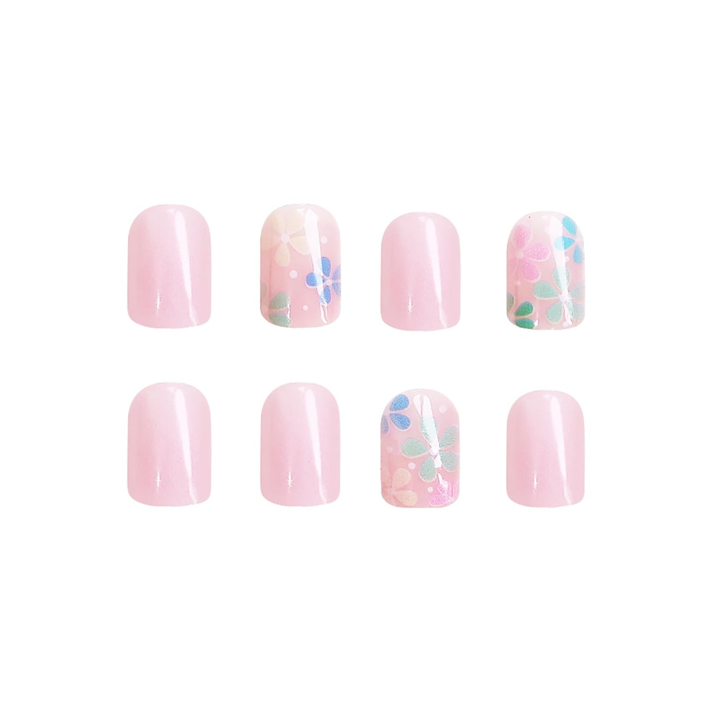 24Pcs Colorful Flower Press on Nails Short Square Fake Nails Spring Press on Nails Light Pink Acrylic Nails Full Cover Glossy False Nails for Women and Girls Stick on Nails Spring Summer Nail Art