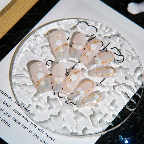 TENPAL Press on Nails Medium Coffin Shape French tips Cherry Blossom Cat Eyes Fake Nails With Glue Purely Handmade Acrylic False Nails With Light Therapy Summer Stick on Nails For Women 10pcs/Box(M)