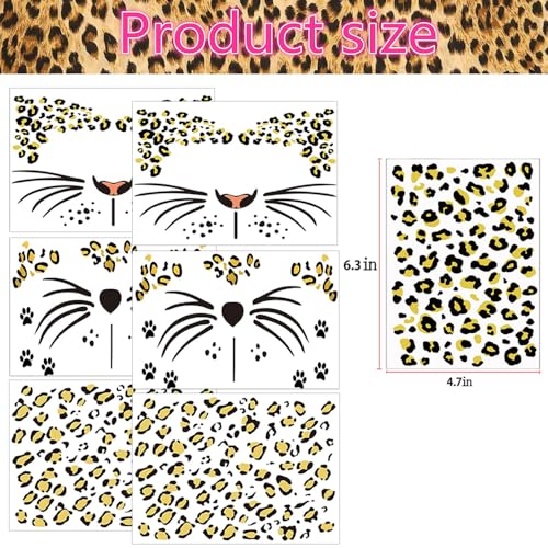 Leopard Print Temporary Tattoos - 6 Sheets Cheetah Face Stickers
