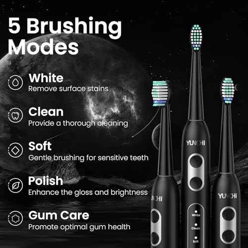 YUNCHI Sonic Electric Toothbrush for Adults and Kids, Black Electric Toothbrush,55 Days Last USB Rechargeable Toothbrush, 5 Modes, 4 Brush Heads, 2-Min Smart Timer, IPX7 Waterproof