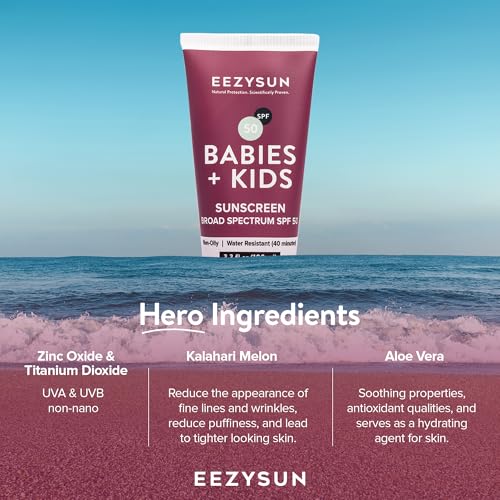 SPF 50 Mineral Sunscreen for Kids & Babies - Non-Greasy, Water Resistant, Gentle for Sensitive Skin Baby Sunscreen with Aloe Vera - Cruelty-Free - Sun Protection for Face & Body - 3.3 fl oz