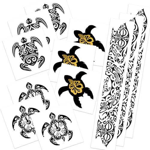 Polynesian Temporary Tattoos - Black & Metallic Gold Sea Turtle Tribal Design 12pk