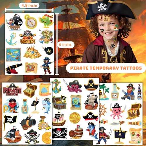 50Pcs Pirate Tattoos for Kids Party Decorations, Pirate Temporary Tattoo Fake Neverland Pirated Cannon Powder Tattoo Body Sticker for Pirate Birthday Party Favors Supplies Boys Girls Party Bag Filler