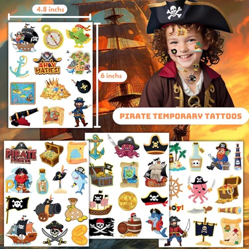 50Pcs Pirate Tattoos for Kids Party Decorations, Pirate Temporary Tattoo Fake Neverland Pirated Cannon Powder Tattoo Body Sticker for Pirate Birthday Party Favors Supplies Boys Girls Party Bag Filler