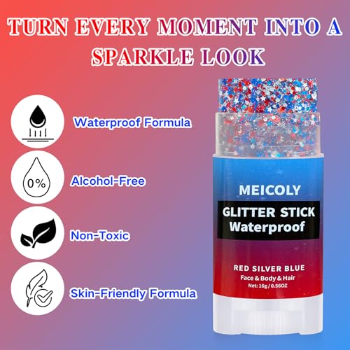 4th of July Red White Blue Glitter Stick with Stars