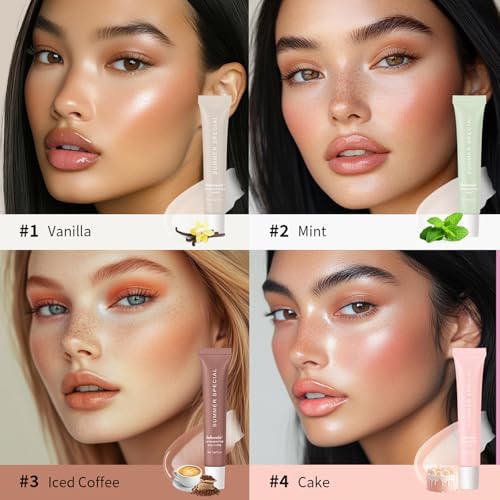 4 PCS Summer Special Lip Butter Balm, Hydrating, Nourishing Lip Care with Shea Butter & Olive Oil, Sheer Tinted Shine, Instant Moisture & Soothing Dry Lips (Vanilla/Mint/Coffee/Cake)