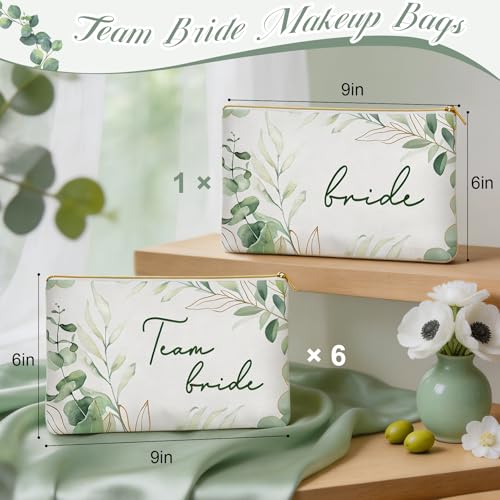 7 Pcs Team Bride Makeup Bags - Sage Green Canvas with Golden Zippers