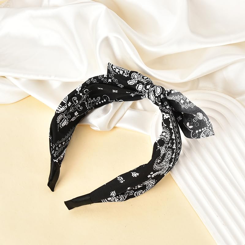 Boho Paisley Bandana Headbands with Knotted Bow and Rabbit Ear Design for Women and Girls - Black Bowknot Hairband Accessories