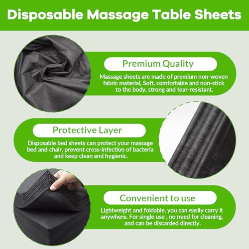 Disposable Massage Table Sheets 100 Pack - 31" x 79" Black Non-Woven Spa Bed Covers
