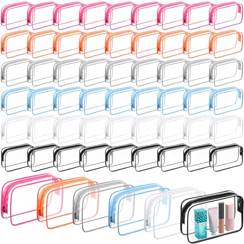 Cunno 60 Pcs Clear Makeup Bags Cosmetic Storage Bags PVC Zipper Pouches Travel Waterproof Toiletry Plastic Case Bulk for Women Organizing Summer Vacation Travel Bathroom(Vivid Color)