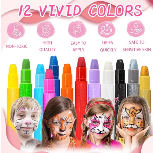 12 Colors Kids Face Paint Crayons with Glitter Tattoo Stencils