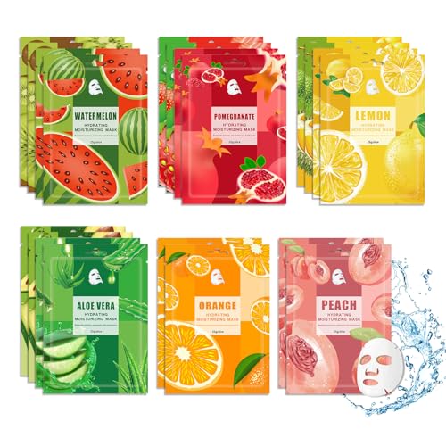 20PCS Hydrating Face Masks,Moisturizing Facial Masks for Women and Men,Fruit Overnight Facial Sheet Mask,Lightweight and Non-greasy Face Sheet Mask for All Skin Type 12