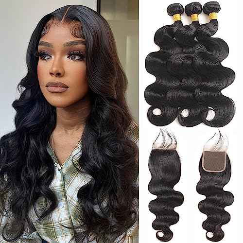 Body Wave Bundles with Closure Brazilian Human Hair 3 Bundles with Closure(10 12 14+10) Inch Body Wave 100% Unprocessed Virgin Hair Bundles with 4x4 Lace Closure Free Part Natural Color