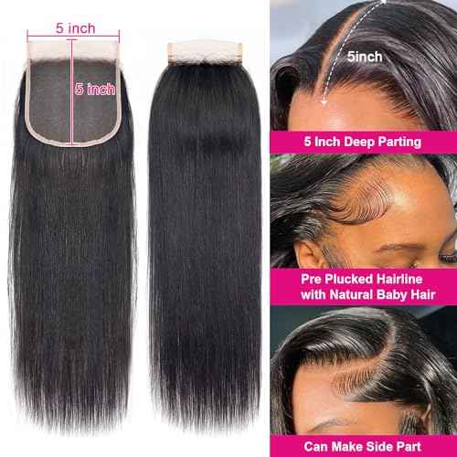 5x5 Transparent HD Lace Closure Human Hair Straight Lace Closure Unprocessed Virgin Human Hair Invisible Lace Frontal Closure Pre Plucked with Baby Hair Natural Black Color 14 inch