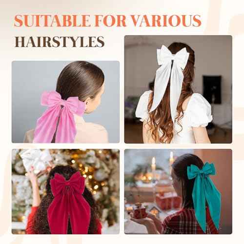 Silky Satin Hair Bows, Oversized Long Tail Bows with Barrette Clips, Coquette Hair Accessories for Women and Girls (Green 3P)
