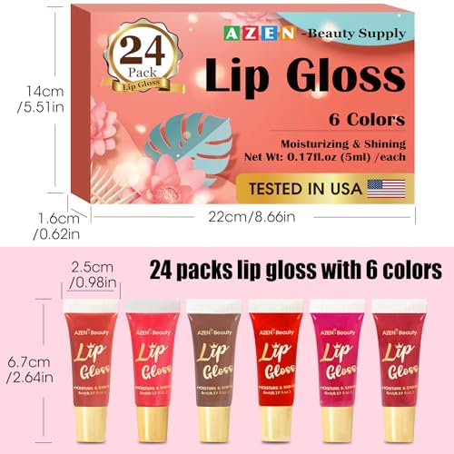 AZEN 24 Pack Lip Gloss Set with Vitamin E & Coconut Oil