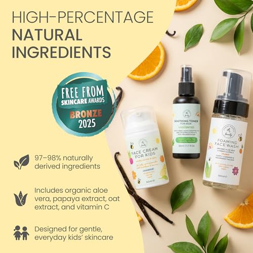 Skincare Set for Kids - Gentle Facial Wash, Unscented Soothing Toner and Cream - Natural Skin Care for Boys and Girls with Aloe Vera and Vitamin C - Vegan, Paraben-Free - Award-Winning - Ages 6-12