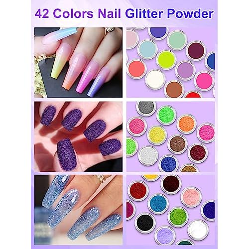 Professional Acrylic Nail Kit for Beginners - 42 Colors Glitter Powder, Liquid, UV Light, Drill, Practice Finger Nail Bag Organizer Case