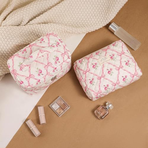 3Pcs Large Quilted Makeup Bag for Women and Girls, Cute Coquette Floral Cotton Cosmetic Bag, Aesthetic Travel Organized Toiletry Bags (3Pcs Pink Bows)
