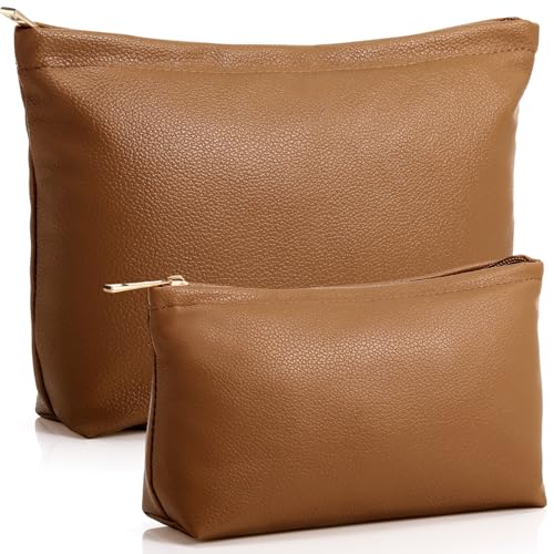 Kigeli 2 Pcs Small Makeup Bag Set for Purse PU Leather Cosmetic Bag Makeup Travel Toiletry Pouch Aesthetic Preppy Organizer Storage Pouch for Valentine Women Gift(Brown)