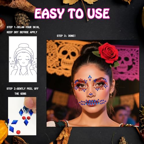 Halloween Face Jewels Rhinestone Skull Stickers - 4 Pack