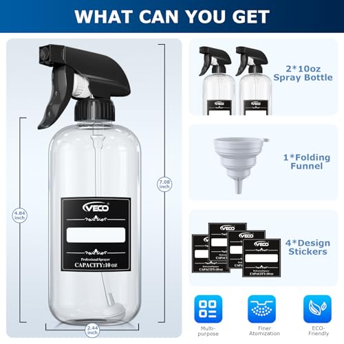 Veco 10oz 360° Spray Bottles, 2-Pack - Adjustable Nozzle & Leak-Resistant