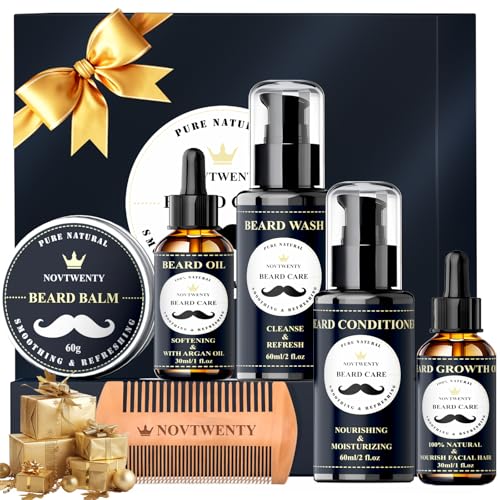 Beard Growth Kit - 7 Pc Kit, Includes Wash, Oil, Conditioner, Balm, Comb, Gift Box Set for Men