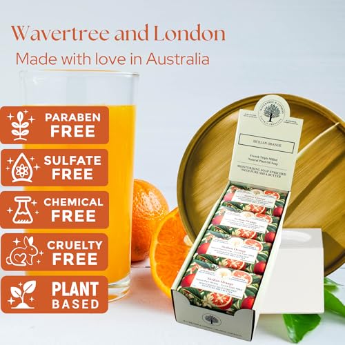 Wavertree & London Sicilian Orange Scented Natural Soap (8 Bars), 7oz Moisturizing French Triple Milled Soap Bars enriched with shea butter - Pure Plant Oil Bath & Body Soap for All Skin Types