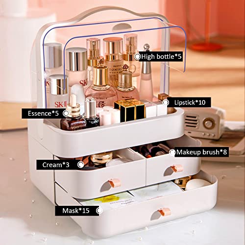 Makeup Organizer, Dustproof Cosmetic Storage Box with Portable Handle & Fully Open Waterproof Lid for Bathroom Countertop Bedroom Dresser(White)