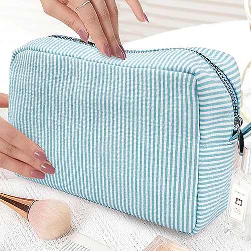Lightweight Seersucker Makeup Bag for Women - Large Organizer
