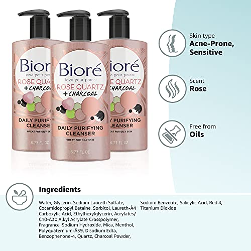 Bioré Rose Quartz + Charcoal Daily Face Wash, Oil Free Facial Cleanser Energizes Skin, Dermatologist Tested and Cruelty Free, 6.77 Ounces (Pack of 3)