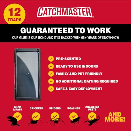 Catchmaster Glue Mouse Traps Indoor for Home 12PK, Bulk Glue Traps for Mice and Rats, Pre-Baited Adhesive Plastic Trays for Inside House, Snake, Lizard, Insect, & Spider Traps, Pet Safe Pest Control