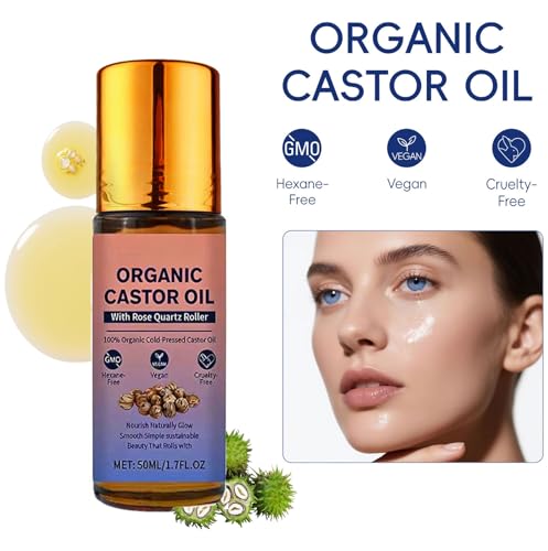 Organic Castor Oil with Rose Quartz Roller for Face & Body - 1.7 Fl Oz