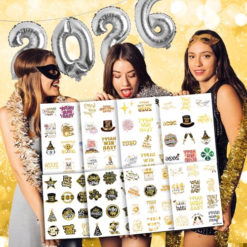Happy New Year 2026 Temporary Tattoos Stickers ? 96PCS Gold New Year¡¯s Eve Party Favors, Decorations, Countdown Celebration Supplies, Holiday Festival Accessories Gifts for Kids and Adults