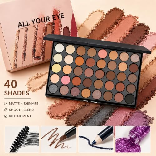 40-Color Eyeshadow Palette with Brushes & Eyeliner Set